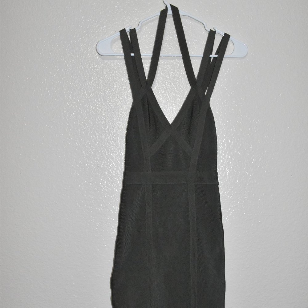 Three Strap Green Bandage Bebe Bodycon Midi Dress